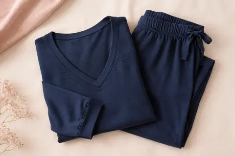 Pyjama bleu marine composé d’un haut à manches longues avec col V et d’un pantalon