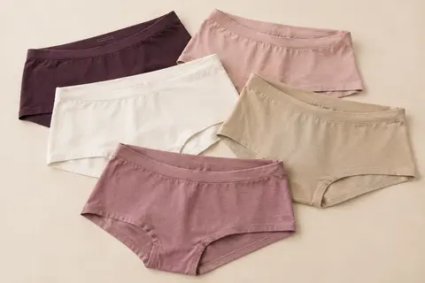 Lot de six boxers femme en coton à coupe classique, présentés sur un fond crème doux.