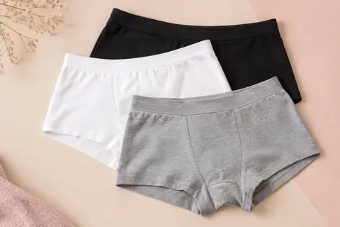 Trois boxers Dim noirs, blancs et gris en coton stretch présentés à plat sur un fond crème.