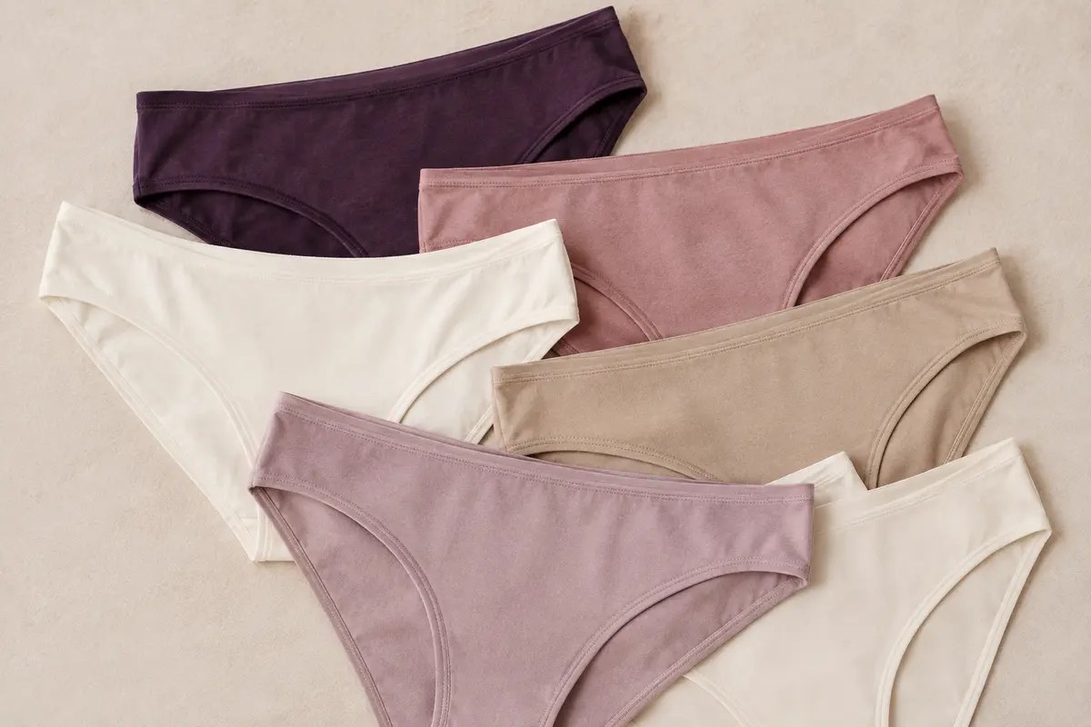 Lot de six culottes classiques en coton à finitions plates, disposées sur un fond crème.
