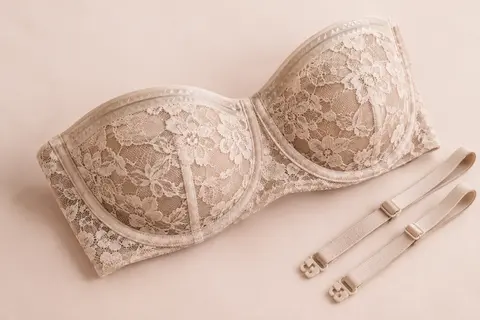 Soutien-gorge bandeau naturel en dentelle florale transparente, avec ses bretelles amovibles posées à côté.