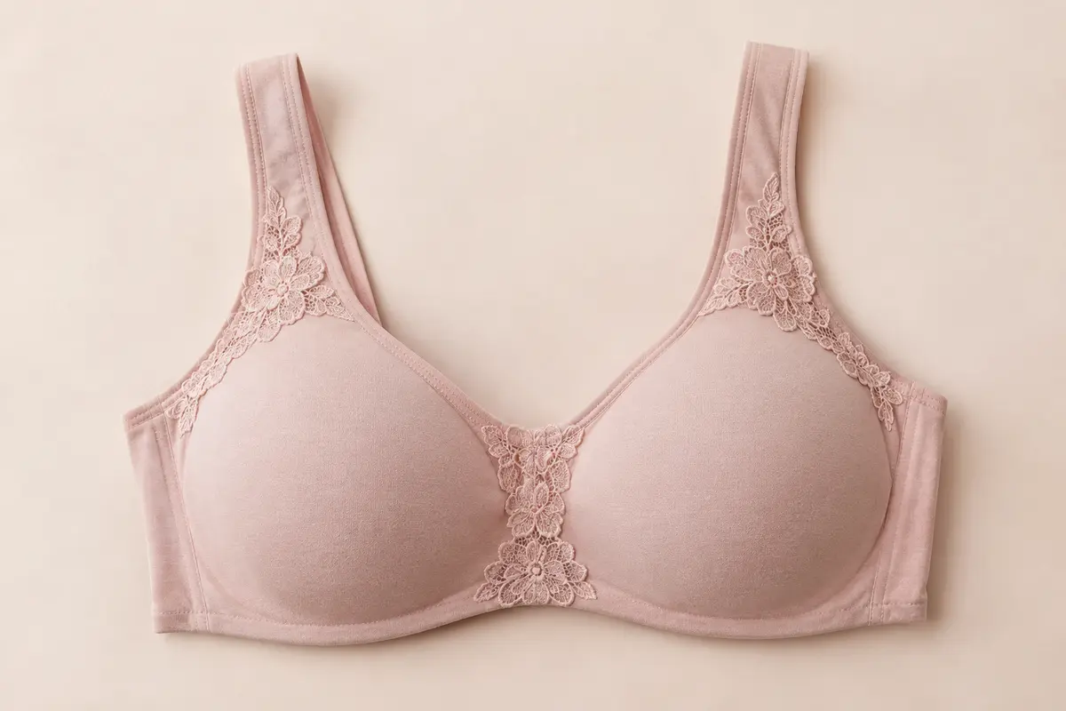 Soutien-gorge minimiseur rosé clair sans armatures, avec bonnets couvrants, larges bretelles et détail floral en dentelle