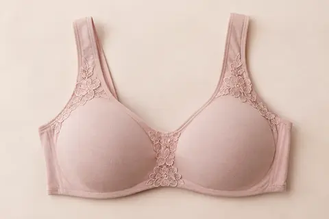 Soutien-gorge minimiseur rosé clair sans armatures, avec bonnets couvrants, larges bretelles et détail floral en dentelle