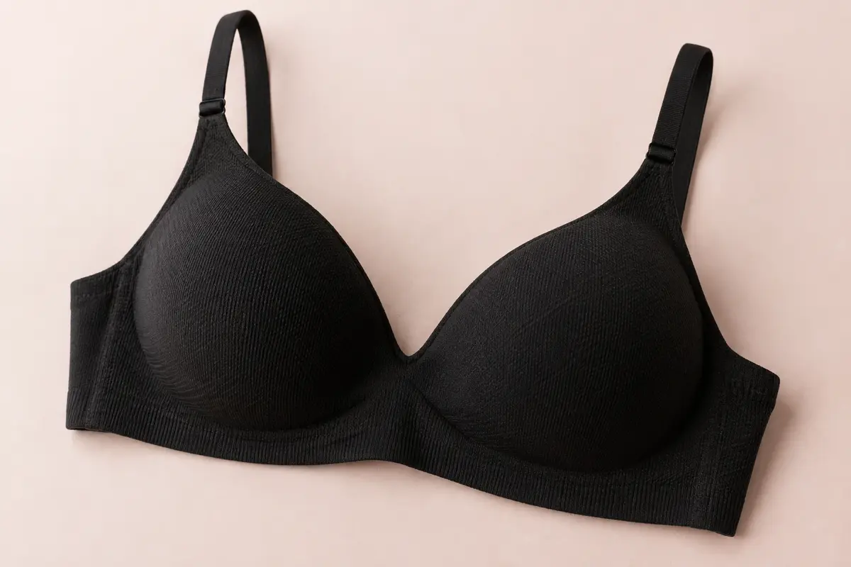 Soutien-gorge noir sans armatures à bonnets rembourrés, posé sur un fond crème.