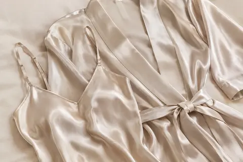 Ensemble de nuit en satin champagne avec caraco à bretelles réglables et peignoir ceinturé