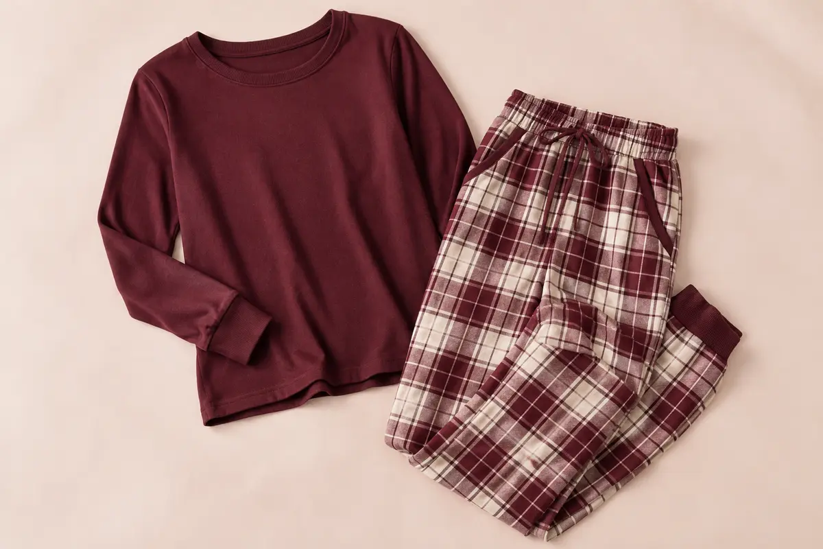 Pyjama femme bordeaux à carreaux avec haut à manches longues et pantalon doté de poches latérales
