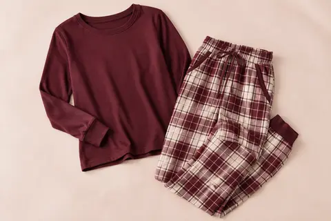 Pyjama femme bordeaux à carreaux avec haut à manches longues et pantalon doté de poches latérales