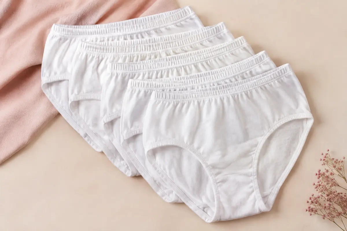 Six culottes blanches en coton disposées sur un fond crème et rose poudré.