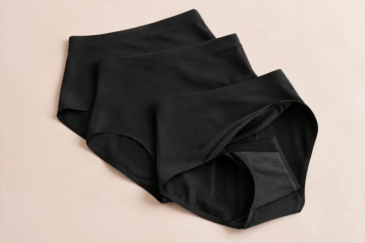 Culottes taille haute noires sans couture, avec gousset doublé en coton, posées sur un fond crème.