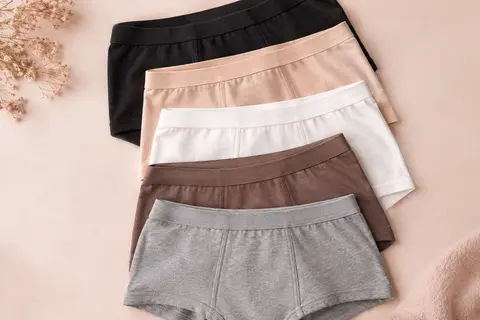 Cinq boxers femme en coton, en noir, couleur chair, blanc, marron et gris, sur fond crème