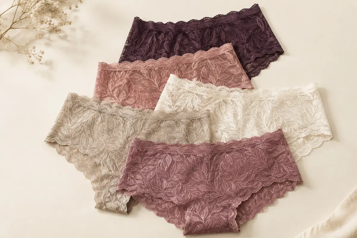 Lot de cinq culottes boxer en dentelle à motif feuillage et bords ondulés sur fond crème.