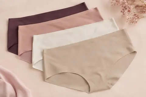 Quatre shortys boxer femme sans couture, pliés sur un fond crème à la lumière douce.