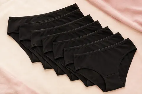 Six culottes classiques noires en coton extensible disposées sur un fond crème à la lumière douce.