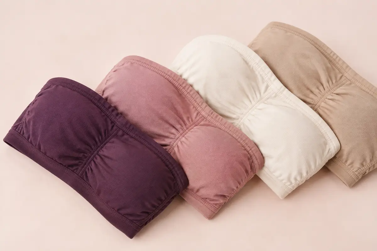 Quatre soutiens-gorge bandeau unis sans bretelles disposés sur un fond crème doux