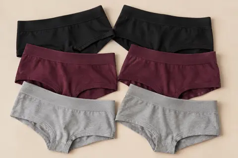 Six boxers shorty en coton extensible, deux noirs, deux couleur vin et deux gris, disposés sur un fond crème