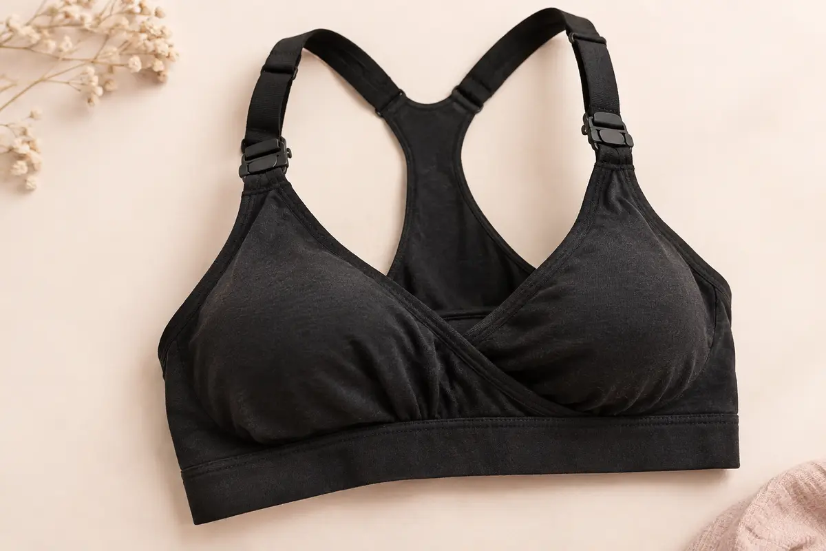 Soutien-gorge d’allaitement noir en coton, avec clips de bonnets et dos nageur, posé sur un fond crème.