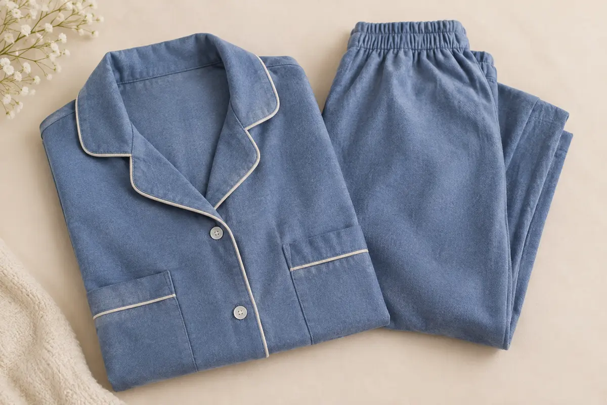 Ensemble pyjama bleu en flanelle avec haut boutonné à poches et pantalon coordonné, posé sur un fond crème.