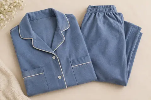 Ensemble pyjama bleu en flanelle avec haut boutonné à poches et pantalon coordonné, posé sur un fond crème.