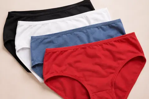 Culottes classiques en coton extensible aux teintes noir, blanc, bleu et rouge, présentées à plat sur fond doux.