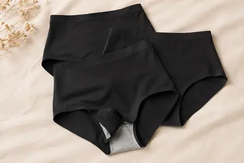 Trois culottes noires taille haute en microfibre, présentées sur un fond crème doux.