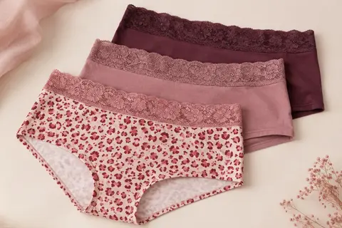 Lot de trois shortys en coton stretch à jambes courtes, avec ceinture en dentelle florale et imprimé animal rouge et rose
