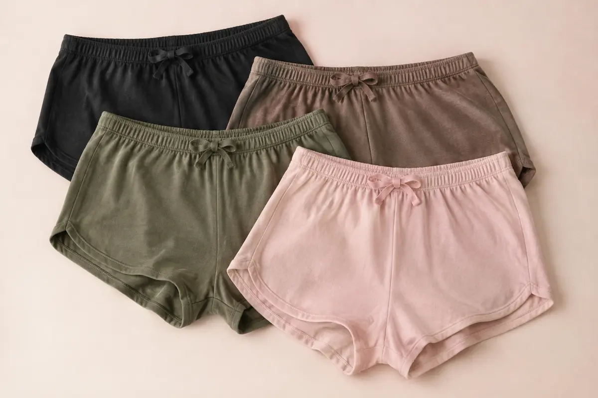Quatre shortys femme en coton, aux jambes courtes, dans les coloris noir, marron, rose et kaki