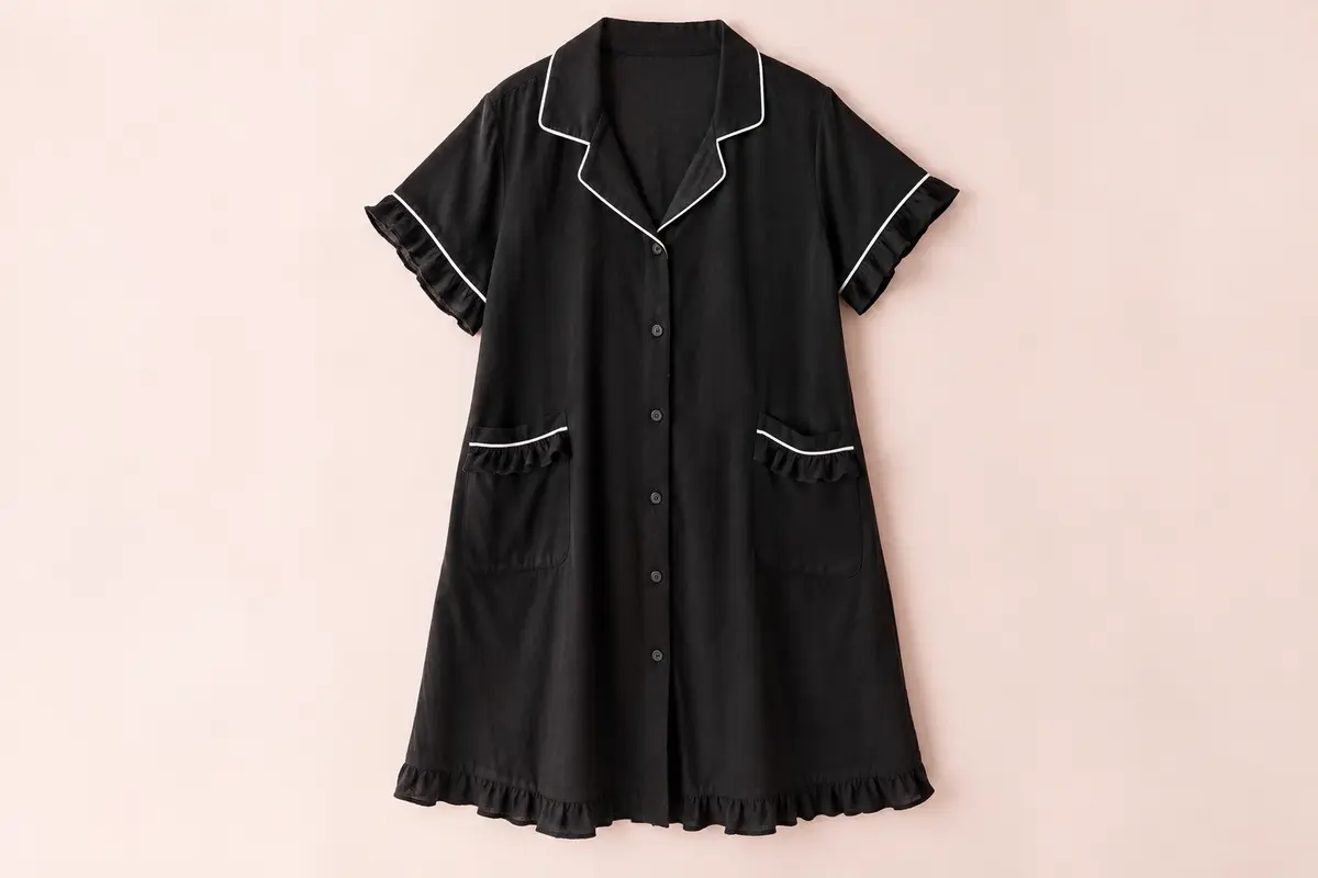 Chemise de nuit noire en coton, boutonnée sur le devant, avec poches et finitions blanches contrastantes.