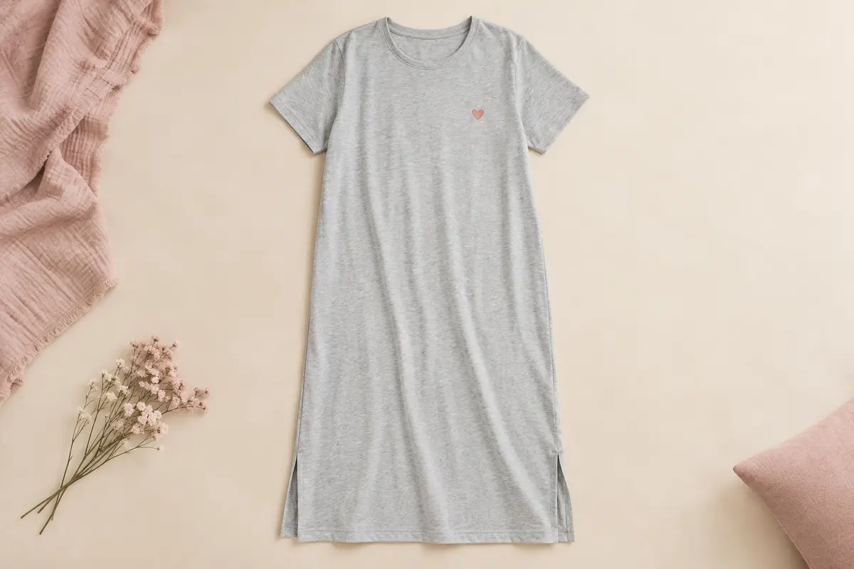 Chemise de nuit longue gris clair en coton, à manches courtes, col rond et motif cœur sur la poitrine.