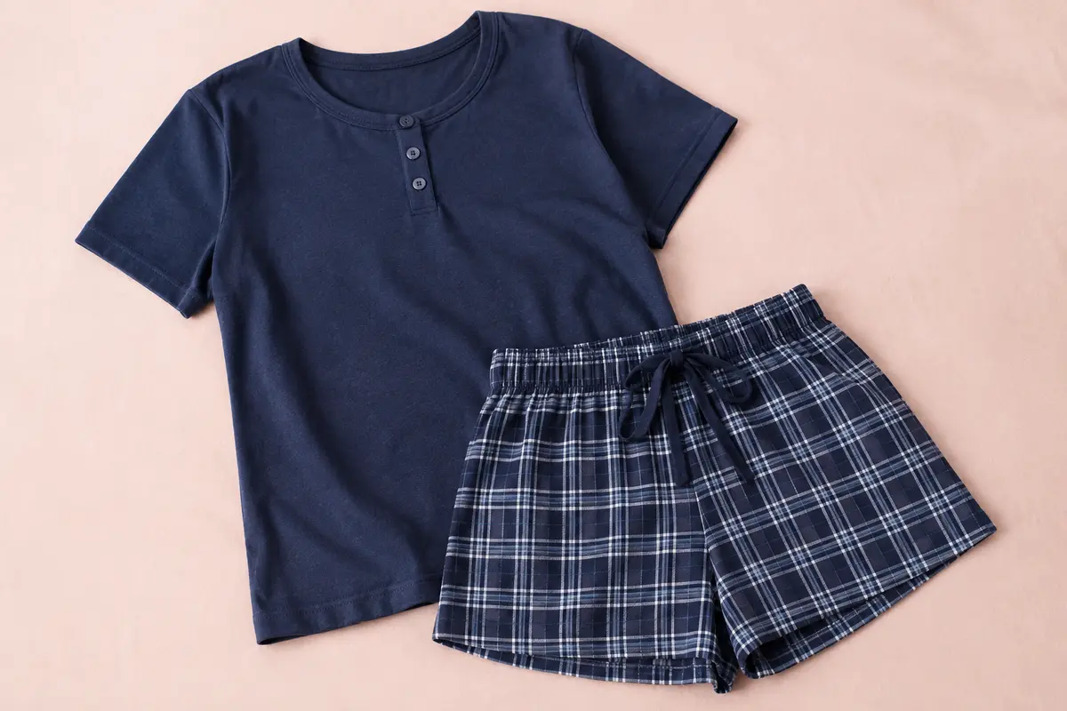 Pyjama deux pièces bleu foncé, avec haut uni à manches courtes et short à carreaux