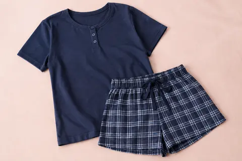 Pyjama deux pièces bleu foncé, avec haut uni à manches courtes et short à carreaux