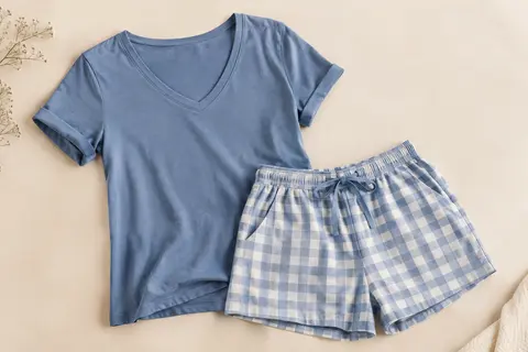 Ensemble de pyjama court bleu avec haut à col V et short à carreaux posé sur un fond crème.