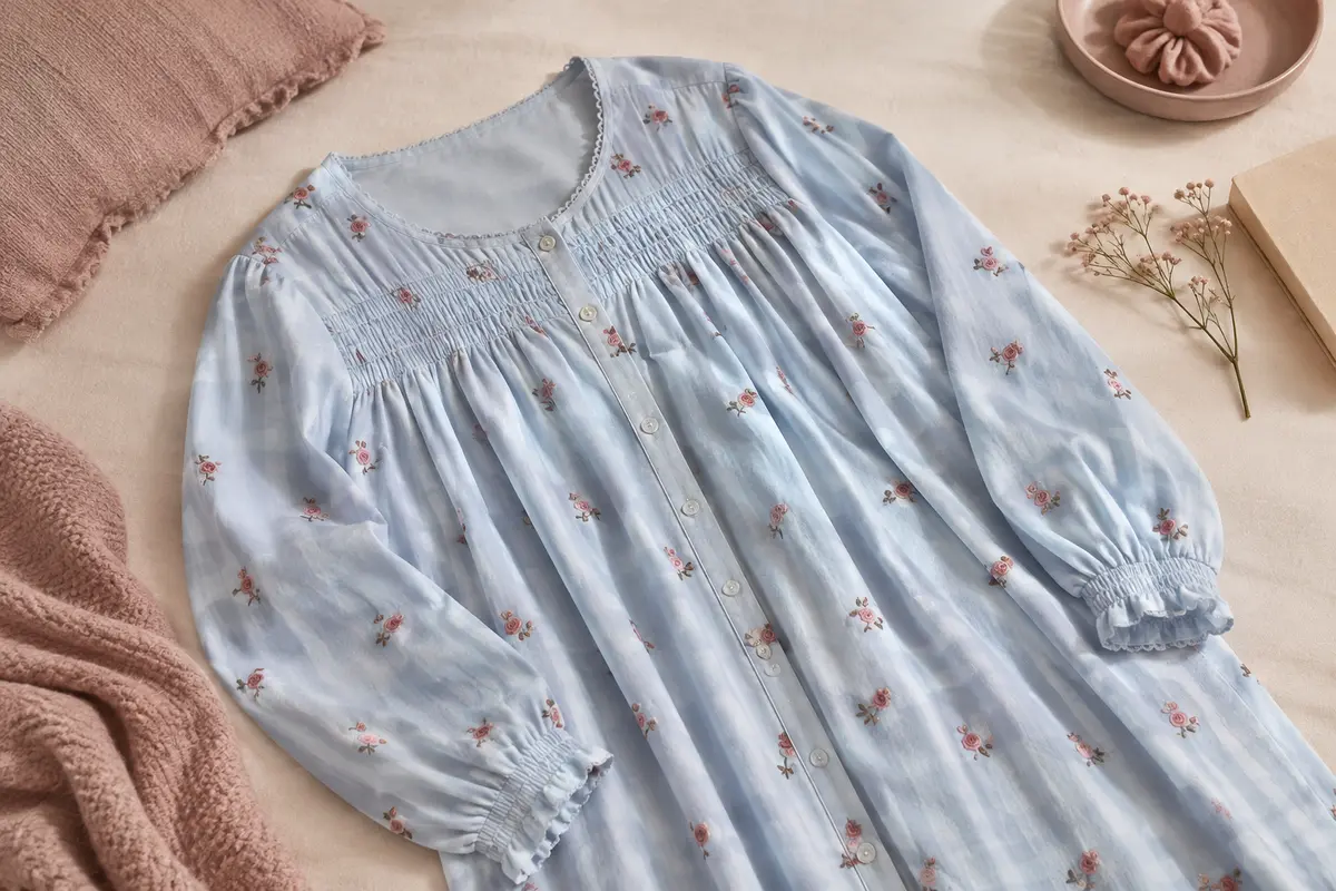 Chemise de nuit longue en coton à motif de roses sur fond bleu clair, présentée sur un fond crème