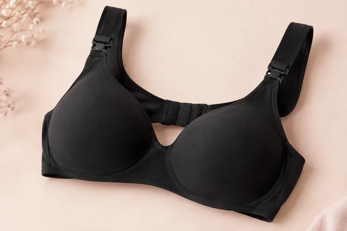 Soutien-gorge d’allaitement noir sans armature, avec bonnets moulés, bretelles larges et clips.