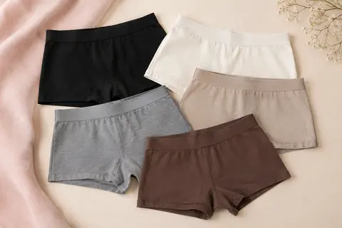 Lot de boxers shorty en coton stretch pliés, dans plusieurs teintes classiques sur un fond crème