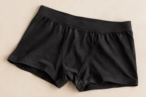 Boxer femme noir à jambes mi-longues en coton, posé à plat sur un fond crème lumineux.