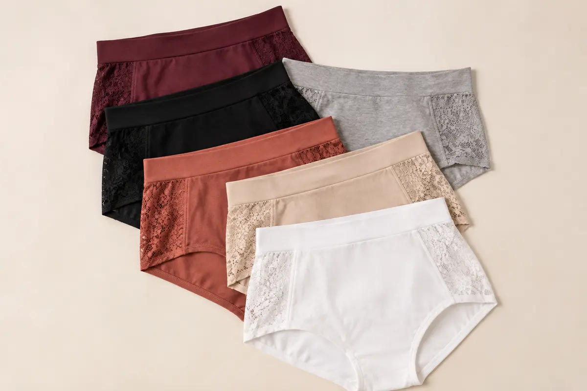 Six boxers de lingerie en coton aux coloris variés, avec une coupe couvrante et des côtés en dentelle.