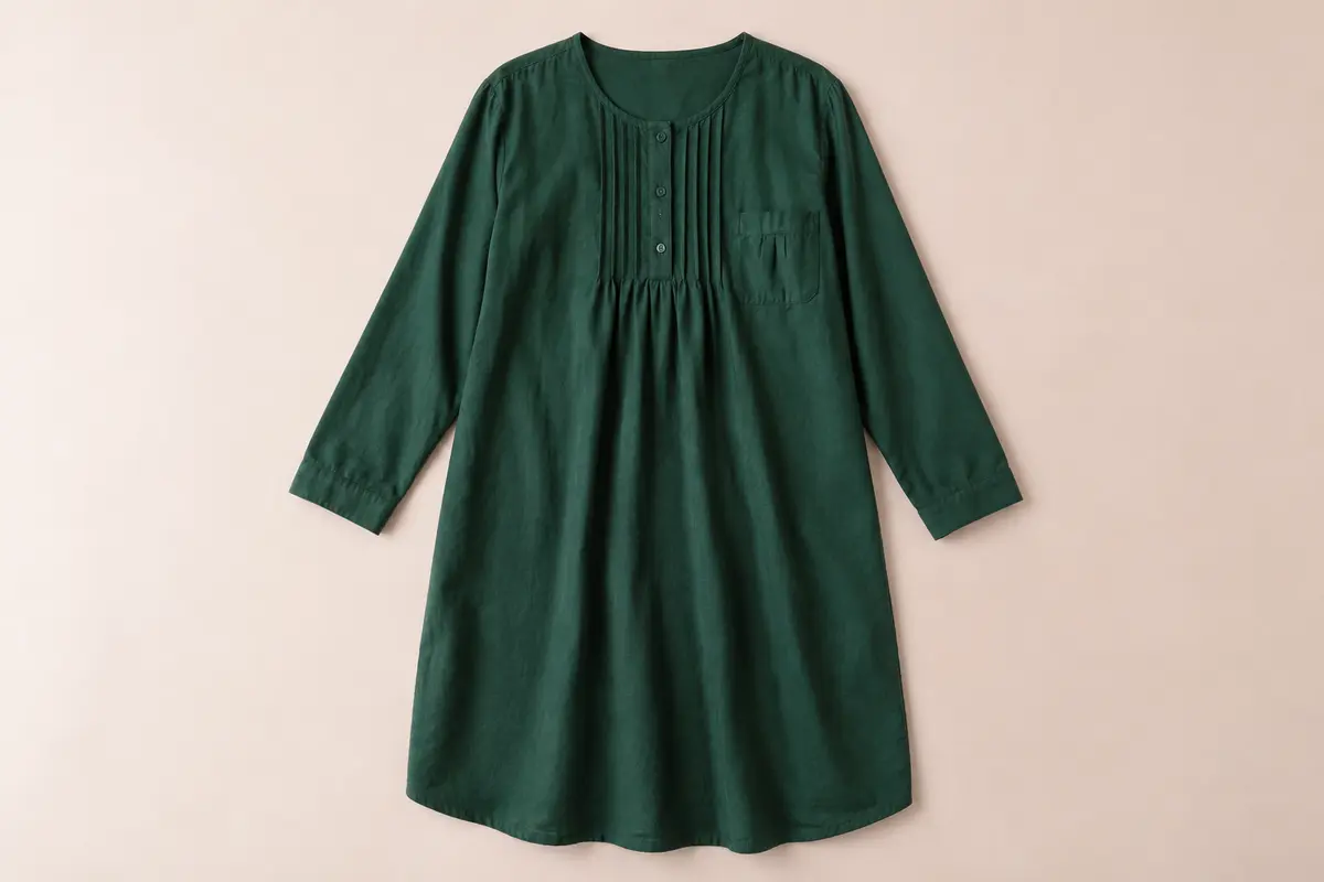 Chemise de nuit en coton vert foncé à manches longues, avec plissé sur la poitrine et poche.
