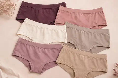 Six boxers unis en coton, coupe shorty taille basse, présentés sur un fond crème aux nuances douces.