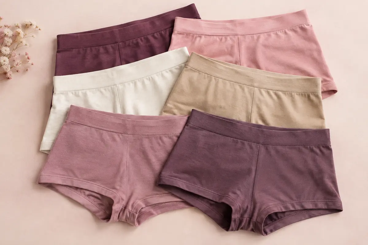 Six shortys en coton stretch assortis, présentés à plat sur un fond crème doux