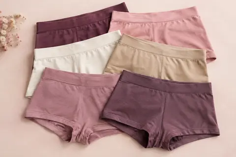 Six shortys en coton stretch assortis, présentés à plat sur un fond crème doux