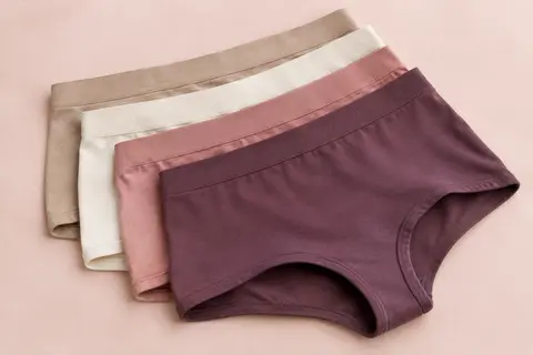 Lot de boxers de lingerie en coton, pliés et présentés en plusieurs coloris sur un fond crème.