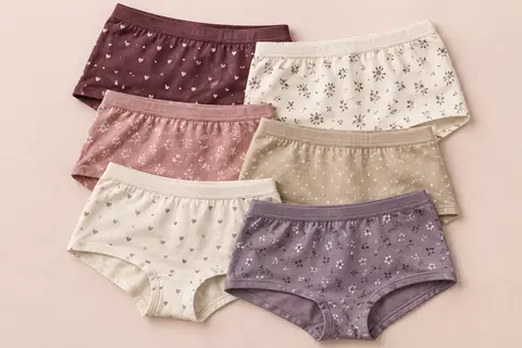 Six shorties pour femme en coton stretch, à jambes courtes et motifs imprimés, présentés sur un fond crème