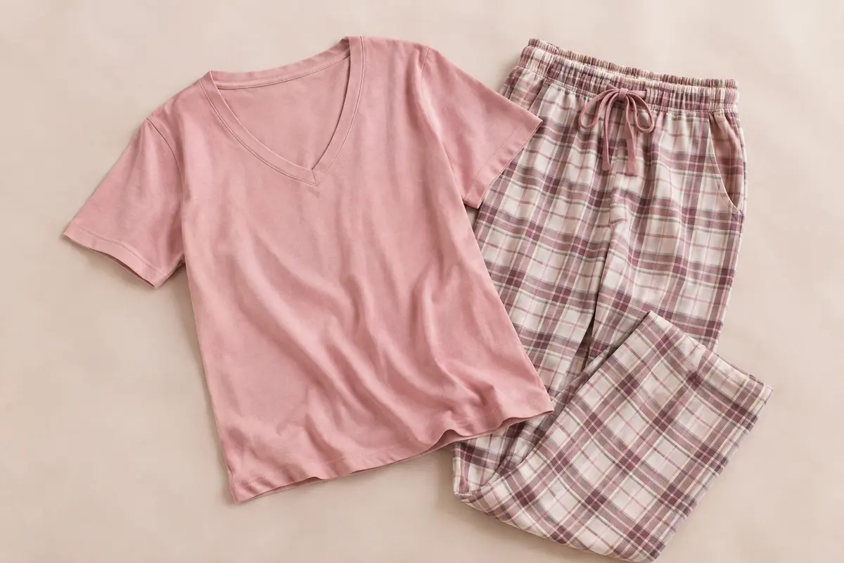 Ensemble de pyjama rose avec haut à col en V et pantalon à carreaux doté d’un cordon et de poches