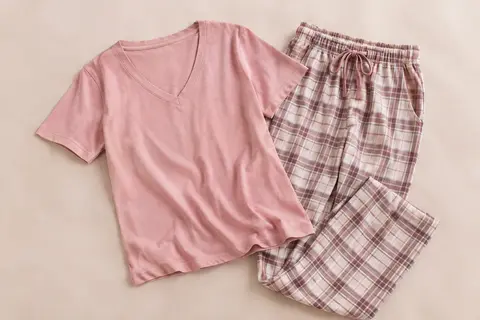 Ensemble de pyjama rose avec haut à col en V et pantalon à carreaux doté d’un cordon et de poches