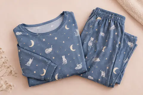 Pyjama femme bleu deux pièces à manches longues, pantalon élastique et motif lune, chat et étoiles.