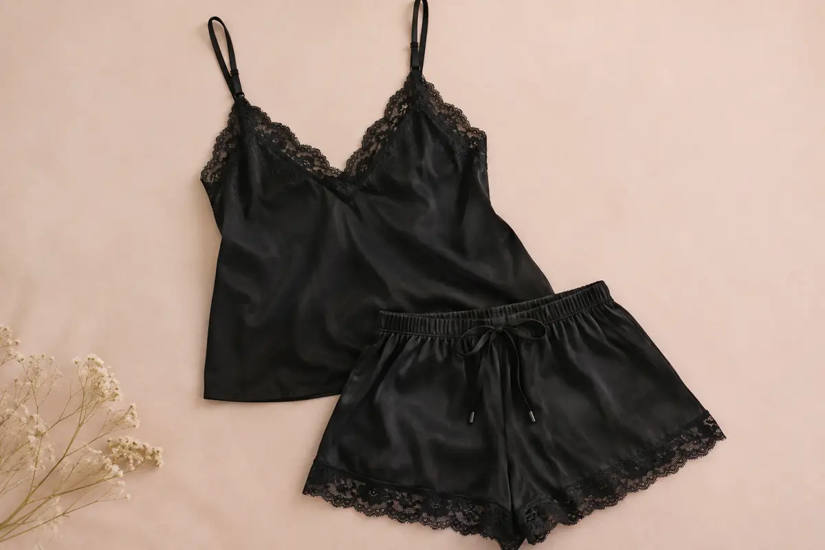 Ensemble de pyjama noir avec caraco à dentelle et short assorti à ourlet festonné