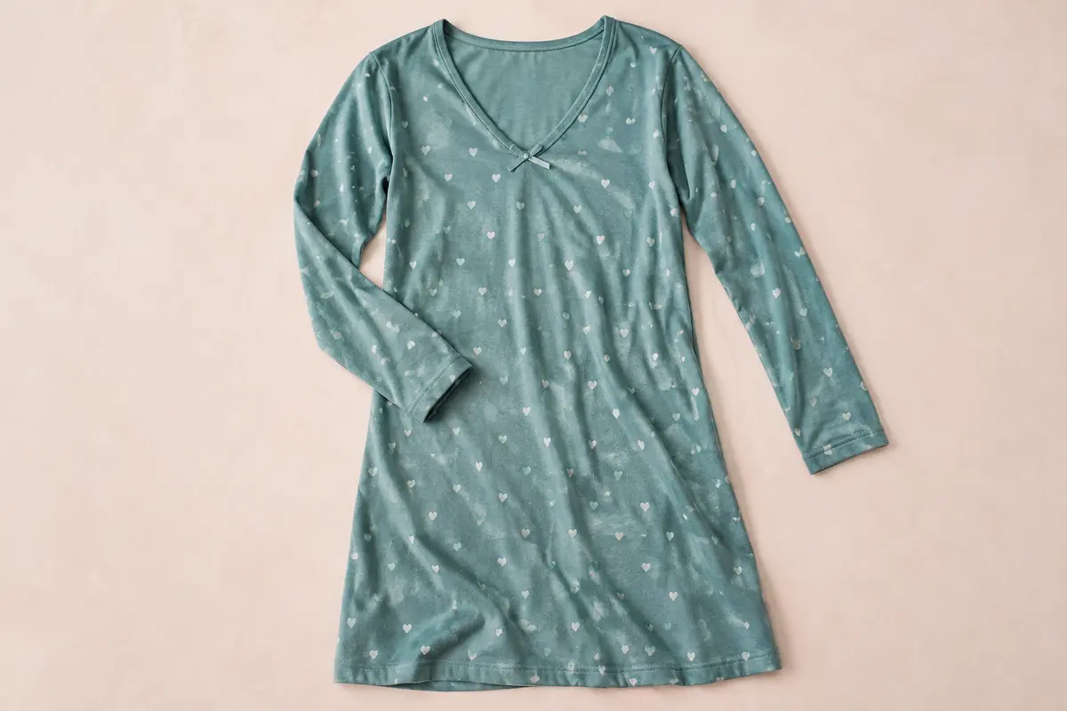 Chemise de nuit en jersey vert bleuté à manches longues, avec col V et imprimé cœur