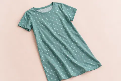 Chemise de nuit vert bleu à manches courtes et motif de cœurs, posée sur un fond crème.