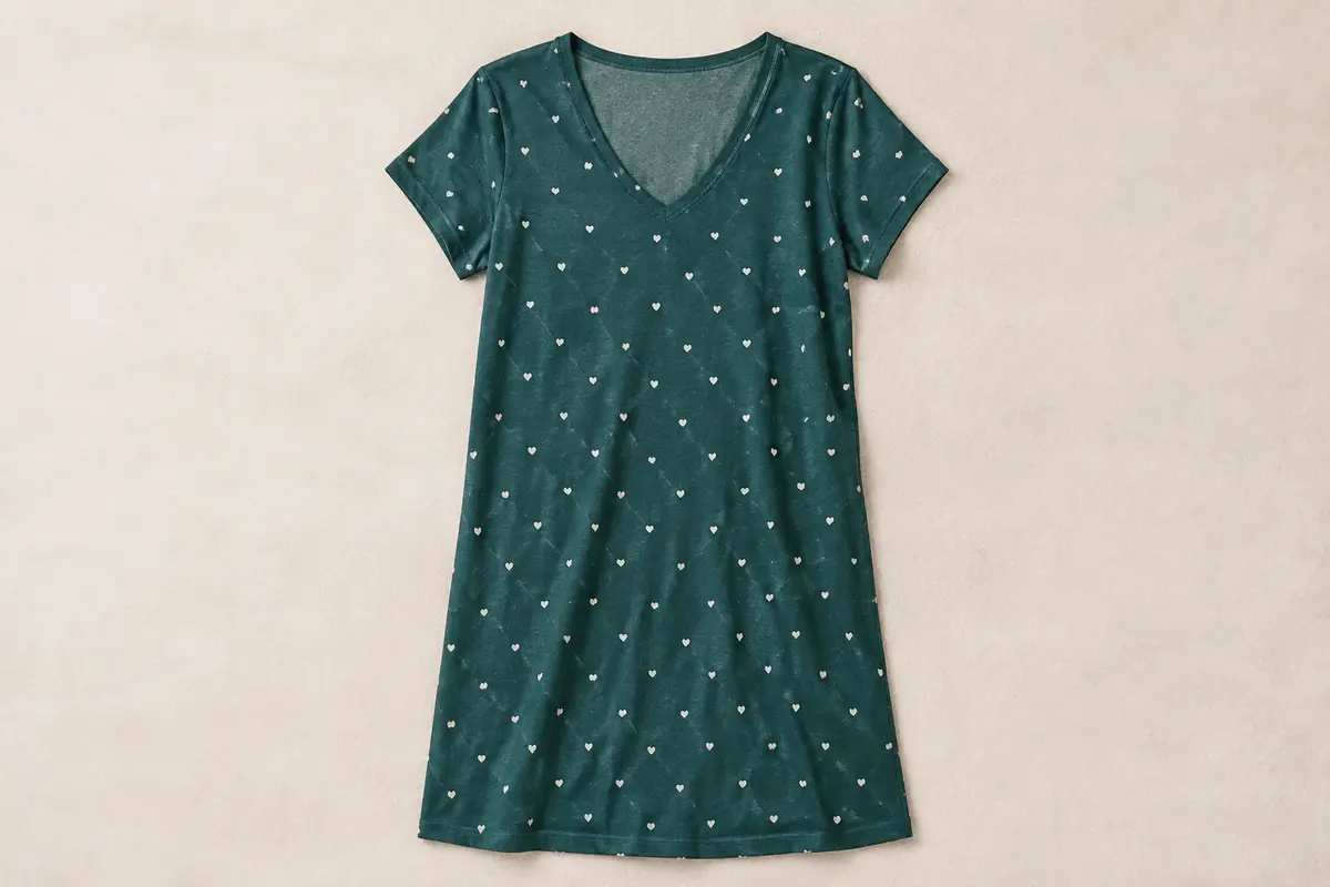 Chemise de nuit vert pétrole à manches courtes, col V et motif cœur, présentée sur fond crème.