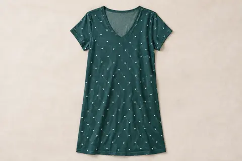 Chemise de nuit vert pétrole à manches courtes, col V et motif cœur, présentée sur fond crème.